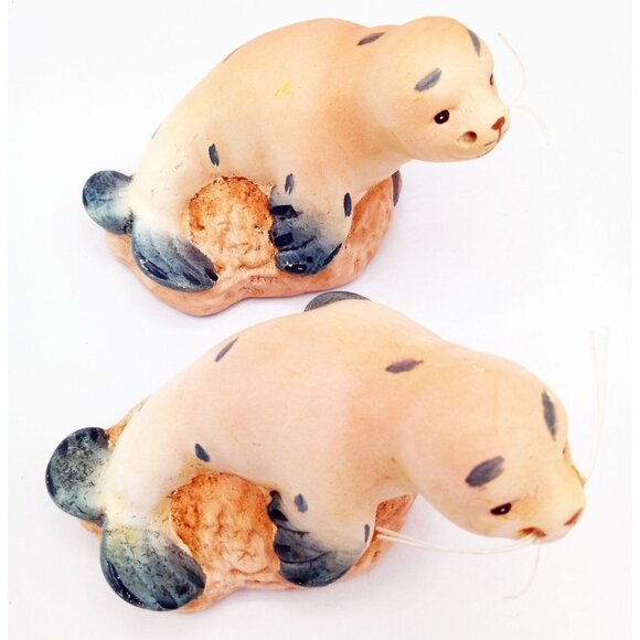 Sea Lions Figures Pair Vintage Playful Ceramic 4.5 Inch Nautical Life Decor - Picture 4 of 16